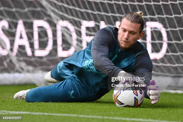 Loris Karius of Newcastle United warms up prior to the Premier League match between Newcastle United and AFC Bournemouth at St. James Park on...