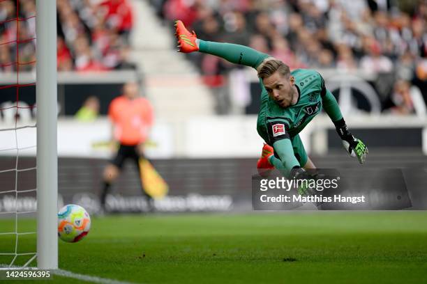 Florian Mueller of VfB Stuttgart fails to save a shot as Sebastian Rode of Eintracht Frankfurt scores their side's first goal during the Bundesliga...