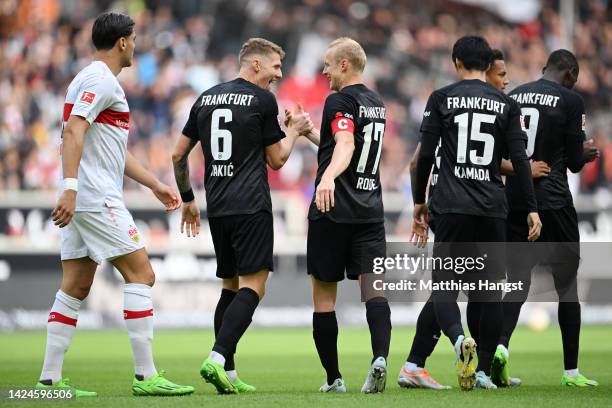 Sebastian Rode of Eintracht Frankfurt celebrates after scoring their side's first goal with Kristijan Jakic during the Bundesliga match between VfB...