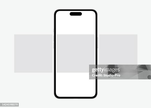 ilustrações de stock, clip art, desenhos animados e ícones de social network post mockup. smartphone similar to iphone 14 pro with blank screen for social media app slider ui template - iphone outline