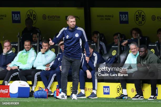 Frank Kramer, Head Coach of FC Schalke 04 reacts during the Bundesliga match between Borussia Dortmund and FC Schalke 04 at Signal Iduna Park on...