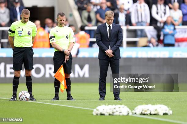 Eddie Howe, Manager of Newcastle United observes a minute silence, as they pay tribute to Her Majesty Queen Elizabeth II, who died away at Balmoral...