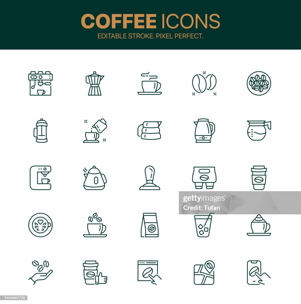 Coffee icons set. Espresso, coffee beans and coffee shop icons. Coffee maker machine, moka pot, french press and more symbol