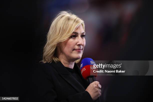 Pundit Kelly Cates presents Friday night football during the Premier League match between Aston Villa and Southampton FC at Villa Park on September...