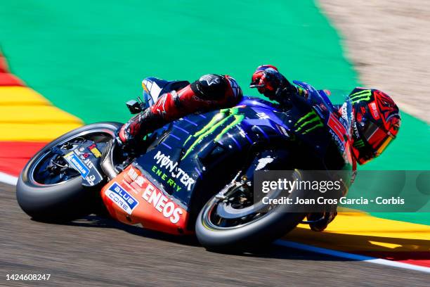 Fabio Quartararo of France and Monster Energy Yamaha MotoGP during the Qualifying at Motorland Aragon Circuit on September 17, 2022 in Alcaniz, Spain.