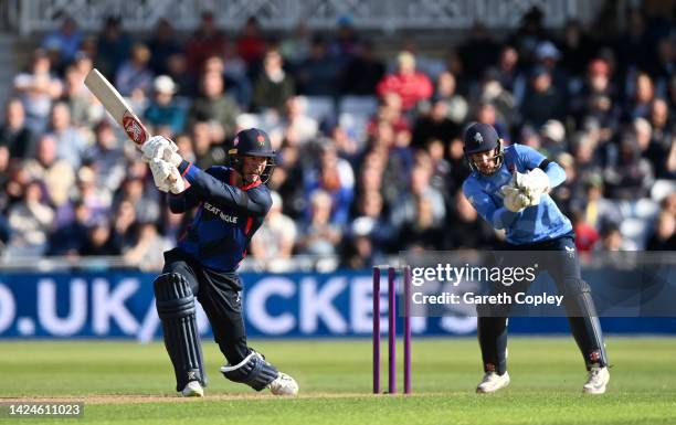 Keaton Jennings of Lancashire bats during the Royal London Cup Final between Kent Spitfires and Lancashire at Trent Bridge on September 17, 2022 in...