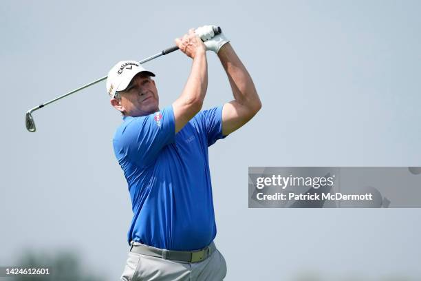 Lee Janzen of the United States hits his tee shot on the eighth hole during the first round of the Sanford International at Minnehaha Country Club on...