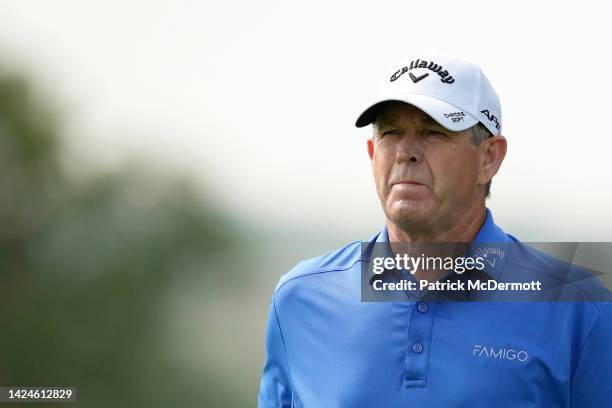 Lee Janzen of the United States reacts after missing a putt on the seventh green during the first round of the Sanford International at Minnehaha...