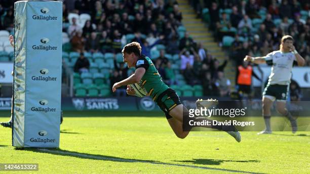 George Furbank of Northampton Saints dives in to score their fourth try during the Gallagher Premiership Rugby match between Northampton Saints and...