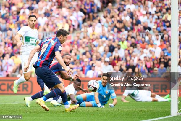 Robert Lewandowski of FC Barcelona scoring goal during the LaLiga Santander match between FC Barcelona and Elche CF at Spotify Camp Nou on September...