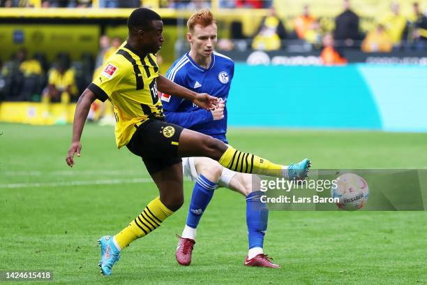 Youssoufa Moukoko of Borussia Dortmund shoots during the Bundesliga match between Borussia Dortmund and FC Schalke 04 at Signal Iduna Park on...