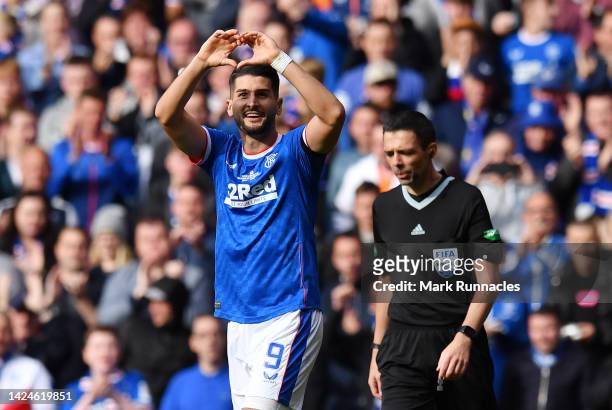 Antonio Colak of Rangers celebrates after scoring the second goal of his team in the second half during the Cinch Scottish Premiership match between...