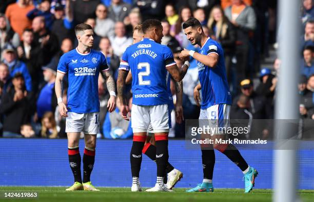 Antonio Colak of Rangers celebrates after scoring the second goal of his team in the second half during the Cinch Scottish Premiership match between...