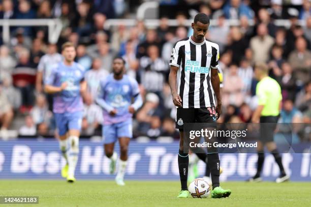 Alexander Isak of Newcastle United looks dejected after their side concedes their first goal scored by Philip Billing of AFC Bournemouth during the...