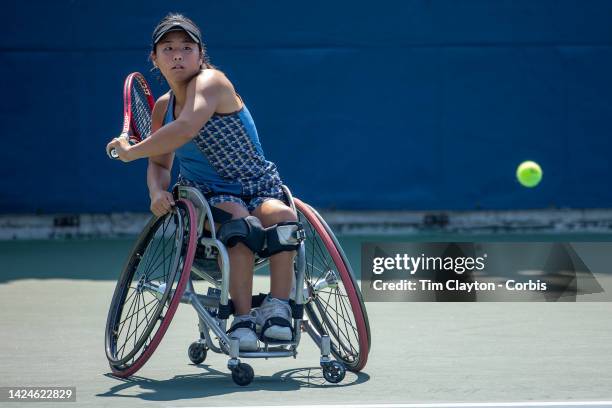 September 09: Yui Kamiji of Japan in action against Jiske Griffioen of The Netherlands in the Wheelchair Women's Singles Semi-finals during the US...