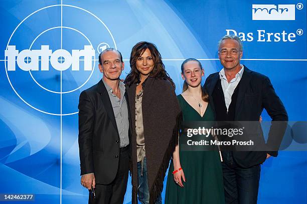 German actors Martin Wuttke, Simone Thomalla, Lotte Flack and Klaus J. Behrendt attend the screening of the Tatort double feature 'Kinderland'/Ihr...