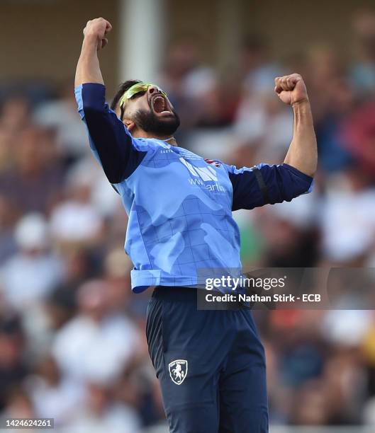 Hamidullah Qadri of Kent Spitfires celebrates after getting Keaton Jennings of Lancashire out during the Royal London Cup Final match between Kent...