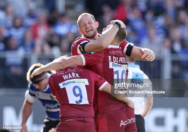 Jonny Hill, Gus Warr and Rob du Preez of Sale celebrate a turn over during the Gallagher Premiership Rugby match between Bath Rugby and Sale Sharks...