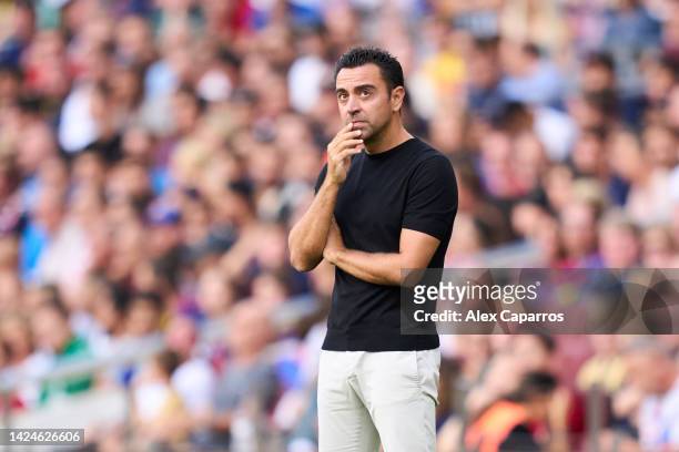 Head coach Xavi Hernandez of FC Barcelona reacts during the LaLiga Santander match between FC Barcelona and Elche CF at Spotify Camp Nou on September...