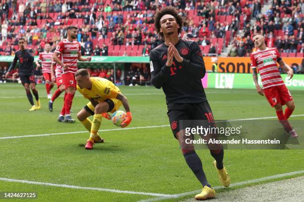 Leroy Sane of Bayern Munich reacts during the Bundesliga match between FC Augsburg and FC Bayern München at WWK-Arena on September 17, 2022 in...