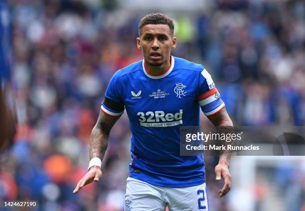 Rangers captain James Tavernier in action during the Cinch Scottish Premiership match between Rangers FC and Dundee United at on September 17, 2022...
