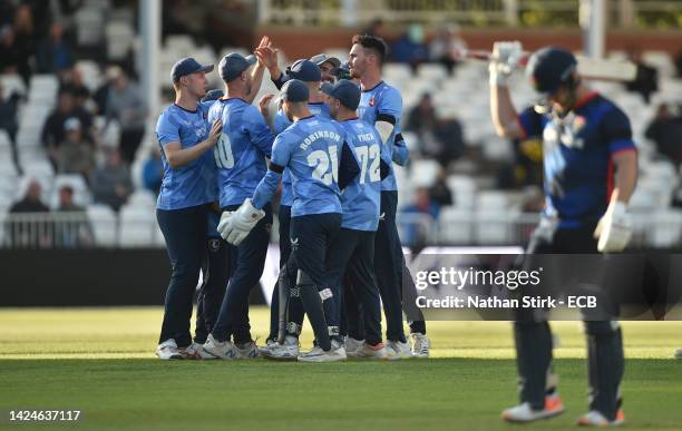 Nathan Gilchrist of Kent Spitfires celebrates with his teammates after getting Steven Croft of Lancashire out during the Royal London Cup Final match...