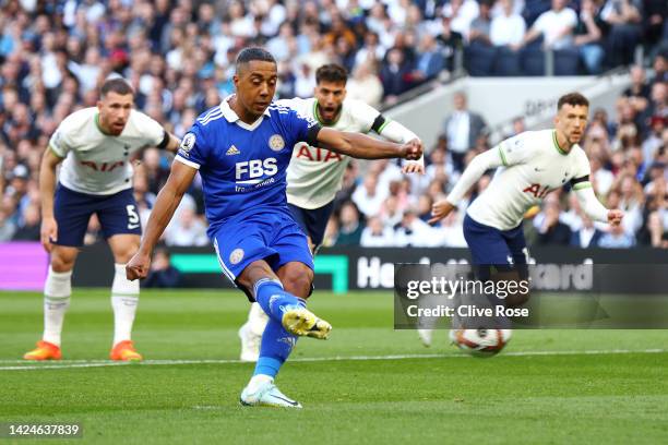 Youri Tielemans of Leicester City scores their team's first goal from the penalty spot during the Premier League match between Tottenham Hotspur and...