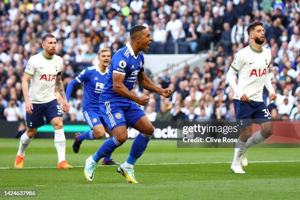 Youri Tielemans of Leicester City celebrates after scoring their team's first goal from the penalty spot during the Premier League match between...