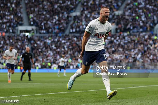 Eric Dier of Tottenham Hotspur celebrates after scoring their team's second goal during the Premier League match between Tottenham Hotspur and...