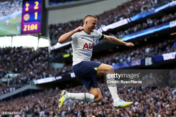 Eric Dier of Tottenham Hotspur celebrates after scoring their team's second goal during the Premier League match between Tottenham Hotspur and...