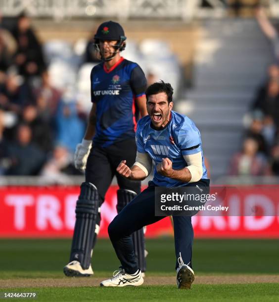 Grant Stewart of Kent celebrates dismissing Rob Jones of Lancashire during the Royal London Cup Final between Kent Spitfires and Lancashire at Trent...