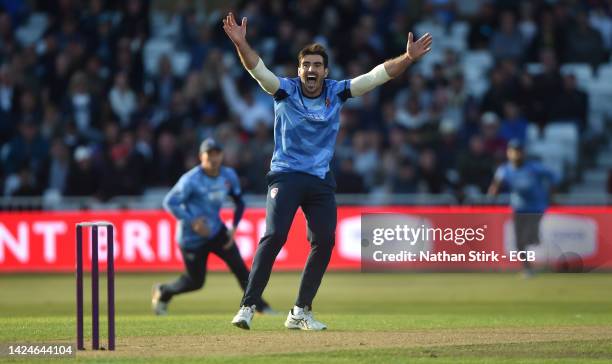 Grant Stewart of Kent Spitfires appeals and gets Rob Jones of Lancashire out during the Royal London Cup Final match between Kent Spitfires and...