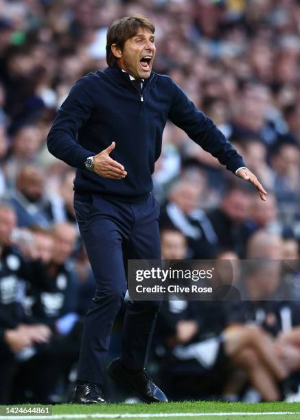 Antonio Conte, Manager of Tottenham Hotspur reacts during the Premier League match between Tottenham Hotspur and Leicester City at Tottenham Hotspur...