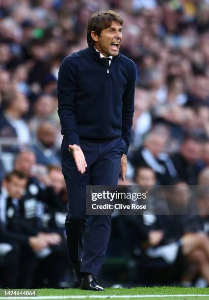 Antonio Conte, Manager of Tottenham Hotspur reacts during the Premier League match between Tottenham Hotspur and Leicester City at Tottenham Hotspur...