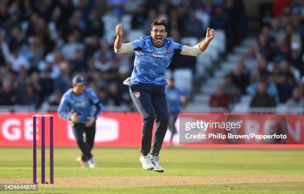 Grant Stewart of Kent celebrates after dismissing Rob Jones during the Royal London One-Day Cup Final between Kent Spitfires and Lancashire at Trent...