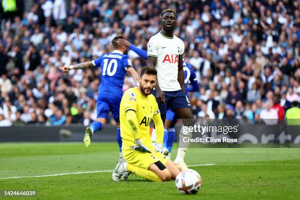 Hugo Lloris of Tottenham Hotspur reacts after conceding a goal, their team's second scored by James Maddison of Leicester City during the Premier...