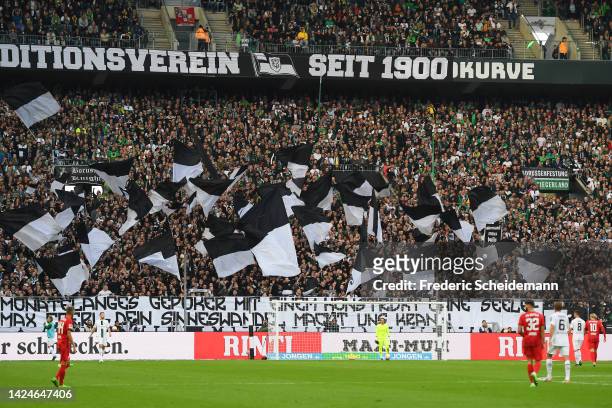 Borussia Monchengladbach fans show their support during the Bundesliga match between Borussia Mönchengladbach and RB Leipzig at Borussia-Park on...