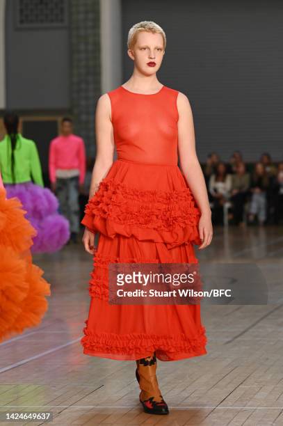 Model walks the runway during the Molly Goddard show during London Fashion Week September 2022 on September 17, 2022 in London, England.