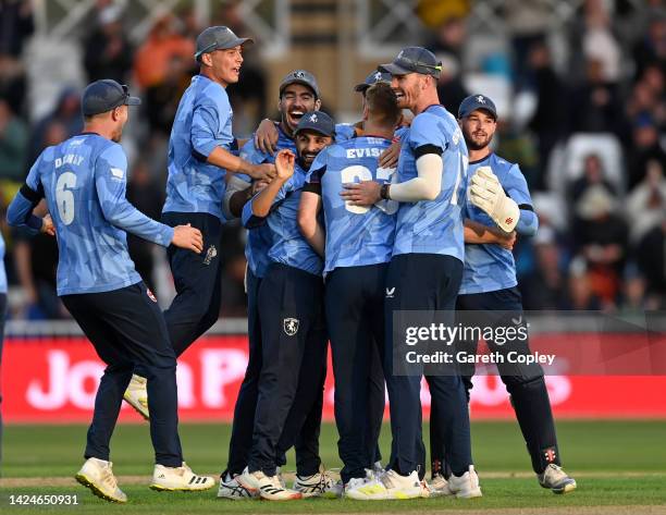 Kent celebrate winning the Royal London Cup Final between Kent Spitfires and Lancashire at Trent Bridge on September 17, 2022 in Nottingham, England.