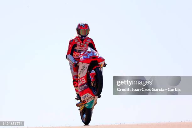 Izan Guevara of Spainand Moto3 Autosolar GasGas Aspar Team in action during the Qualifying at Motorland Aragon Circuit on September 17, 2022 in...