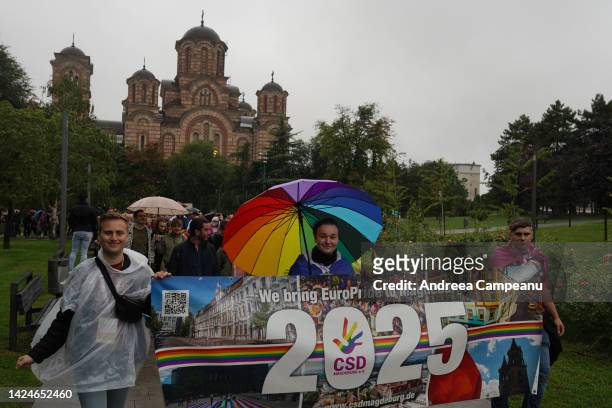 Participants at EuroPride walk during the Pride Parade, on September 17, 2022 in Belgrade, Serbia. The Serbian prime minister gave the pan-European...