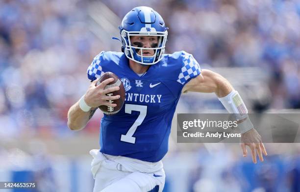 Will Levis of the Kentucky Wildcats runs the ball against the Youngstown Penguins at Kroger Field on September 17, 2022 in Lexington, Kentucky.