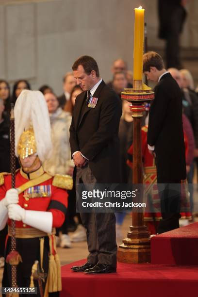 Peter Phillips and James, Viscount Severn hold a vigil in honour of Queen Elizabeth II at Westminster Hall on September 17, 2022 in London, England....