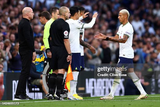 Richarlison of Tottenham Hotspur is substituted off for Son Heung-Min of Tottenham Hotspur during the Premier League match between Tottenham Hotspur...