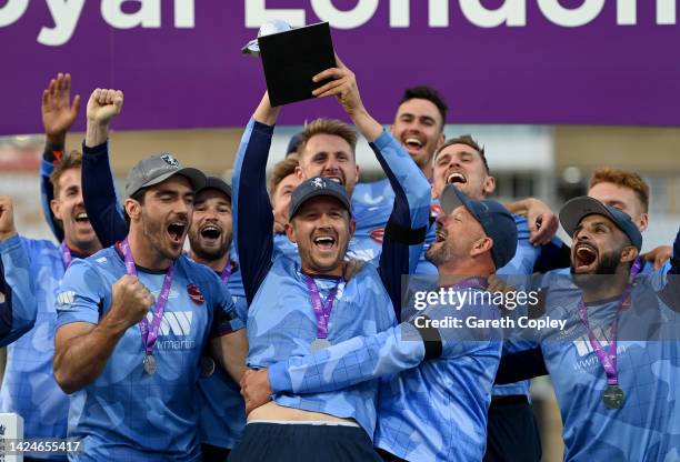 Kent captain Joe Denly lifts the trophy after winning the Royal London Cup Final between Kent Spitfires and Lancashire at Trent Bridge on September...