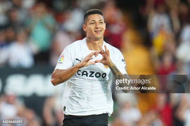 Marcos Andre of Valencia CF celebrates after scoring their team's second goal during the LaLiga Santander match between Valencia CF and RC Celta at...