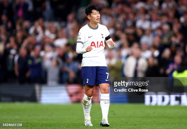 Son Heung-Min of Tottenham Hotspur celebrates after scoring their team's sixth goal during the Premier League match between Tottenham Hotspur and...