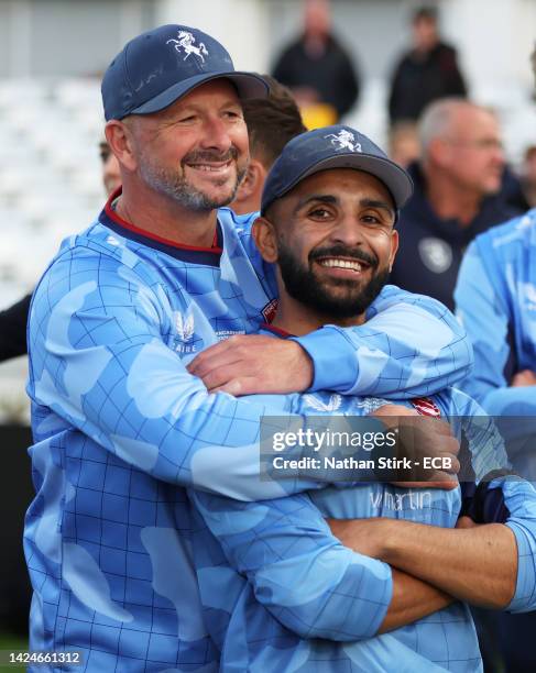 Darren Stevens of Kent Spitfires celebrates with Hamidullah Qadri after winning the Royal London Cup Final match between Kent Spitfires and...