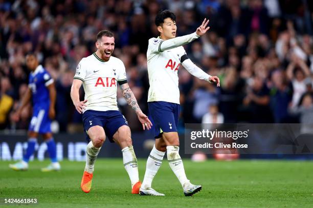 Son Heung-Min of Tottenham Hotspur celebrates after scoring their team's sixth goal and hat trick during the Premier League match between Tottenham...