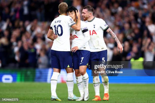 Son Heung-Min of Tottenham Hotspur celebrates with teammates after scoring their team's sixth goal and hat trick during the Premier League match...